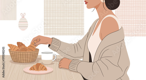 Morning Coffee Break With Delicious Croissants And Cozy Sweater Style