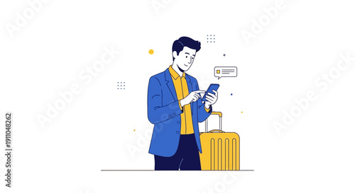 Modern Traveler Using Smartphone Beside Yellow Luggage