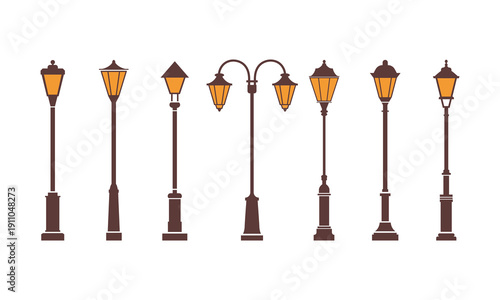 set of vintage style street lamps on white background