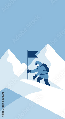 Mountaineer Plants Flag On Snowy Peak Achieving Summit Success