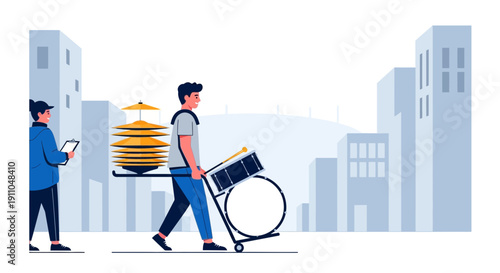 Musician Transporting Drums and Cymbals Through City Streets
