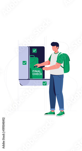Modern Traveler Completing Baggage Scan at Automated Airport Terminal Station