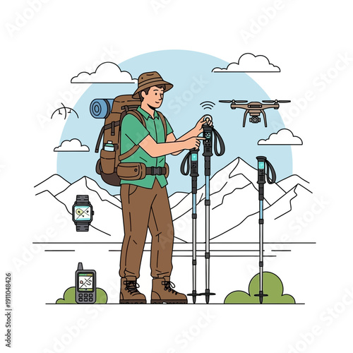 Modern Trekker With Drone And Tech Gear Outdoors Adventure Exploration