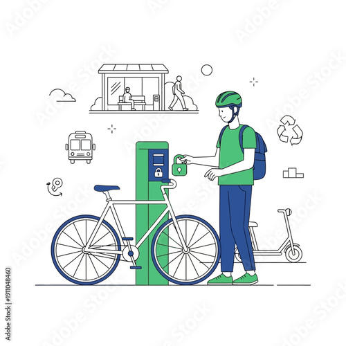 Modern Urban Commuter Utilizes Smart Bike Share Station For EcoFriendly Transportation