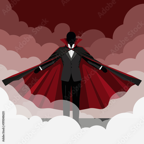 Mysterious Vampire Figure Dramatic Cape Silhouette Hovering Above Clouds