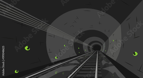 Mysterious Subway Tunnel With Glowing Green Eyes And Dramatic Light Beams