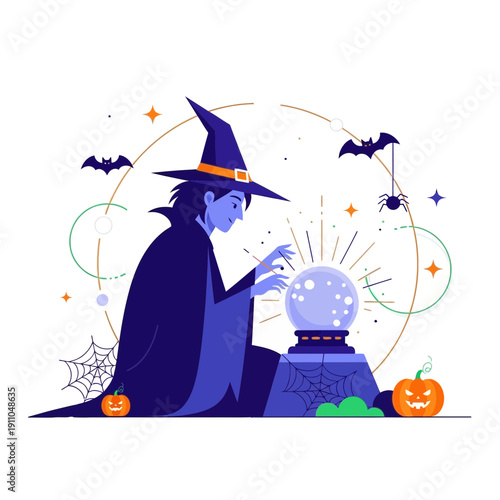Mysterious Witch Foretells Future In Crystal Ball Amidst Halloween Night Elements
