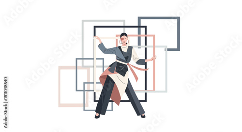 Modern Woman Poses Amidst Abstract Geometric Shapes And Frames