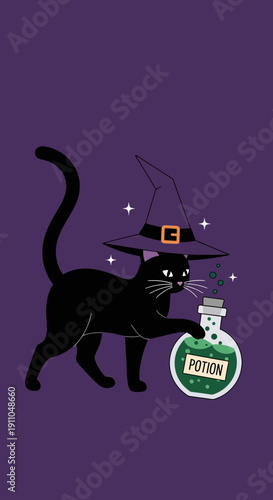 Mystical Black Cat Brews Enchanting Potion Under Witches Hat