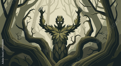 Mystical Forest Guardian Emerging From Twisted Woods