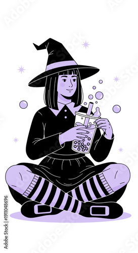 Mystical Witch Enjoys Bubble Tea Potion A Whimsical Halloween Treat