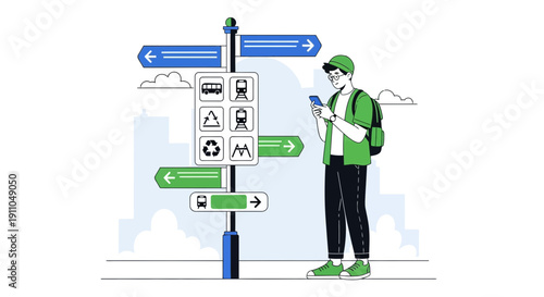 Navigating Urban Transit With Digital Device And Directional Signpost Illustration