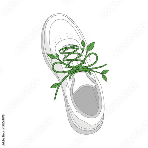 Minimalist sneaker with green plant leaf laces - sustainable fashion concept  