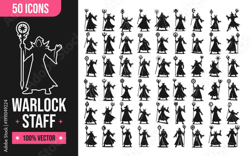 Collection of warlock staff icons in various poses and styles for design