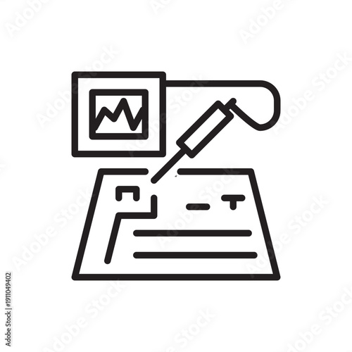 In-circuit tester icon. PCB assembly quality control, representing bed of nails testing, automated defect analysis, electronic component verification, and manufacturing diagnostic hardware systems.