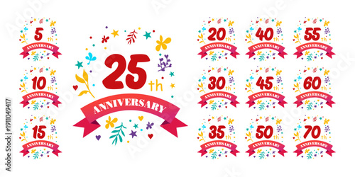 Anniversary Celebration Badges 5, 10, 15, 20, 25, 30, 35, 40, 45, 50, 55, 60, 70  Vector Set