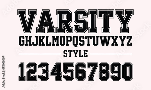 Varsity Style Athletic Alphabet and Number Set with Bold Outlined Typography for Sports Team Apparel Design