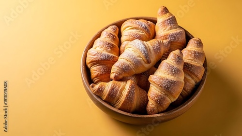 Freshly baked croissants in wooden bowl.