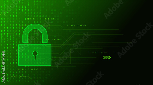 Glowing green padlock icon symbolizing digital security, data protection, and cybersecurity against a dark background with binary code and circuit lines.