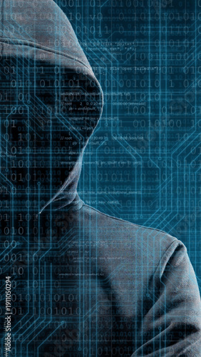 Anonymous computer hacker over abstract digital background. Obscured dark face in mask and hood. Data thief, internet attack, darknet fraud, dangerous viruses and cyber security.