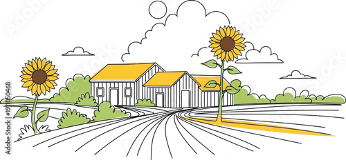 Farm with Sunflowers and Barns