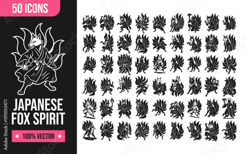 Collection of unique Japanese fox spirit icons in black and white vector