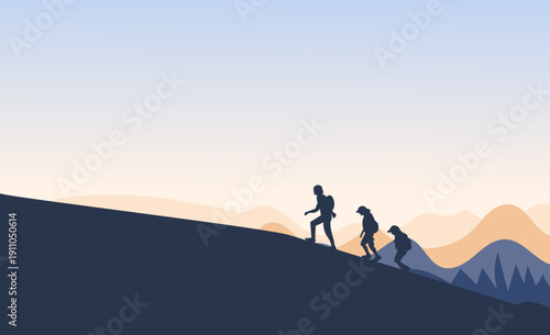 Group of Hikers Climbing Mountain at Sunrise  Vector Silhouette