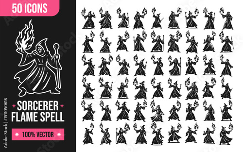Sorcerer flame spell vector icons for magic and fantasy designs