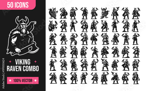 Viking warriors with ravens in various poses and outfits