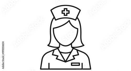Line art illustration of a female nurse with traditional cap and uniform