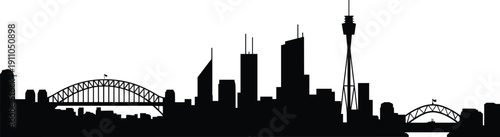 Auckland city skyline silhouette with Sky Tower and Harbour Bridge isolated on white background, New Zealand landmark cityscape illustration, modern urban architecture travel concept.