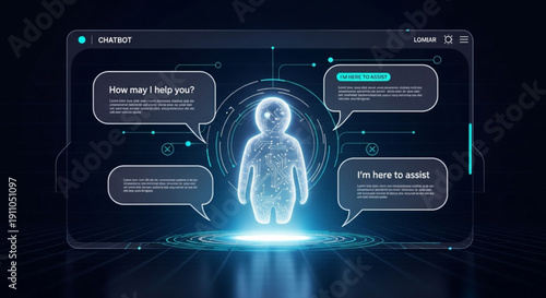 Modern chatbot interface with humanoid robot and speech bubbles on dark background