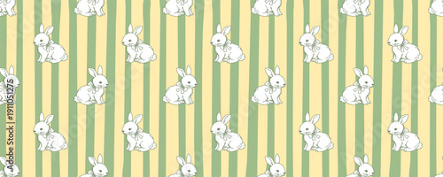 Seamless vintage bunny pattern with hand-drawn rabbits on green and beige vertical stripes, perfect for Easter wrapping paper, fabric and nursery decor