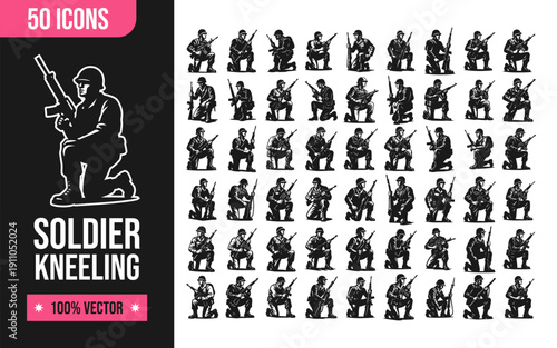 Set of soldier icons in various kneeling positions with guns