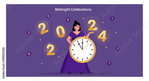 New Year Countdown Celebration With Elegant Woman And Clock Showing 2024