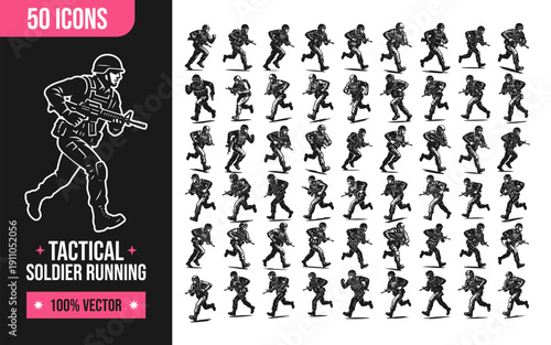 Tactical soldier running in various dynamic poses with guns