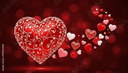 Red Sparkling Heart With Diamond Swirls – Romantic Love Background
