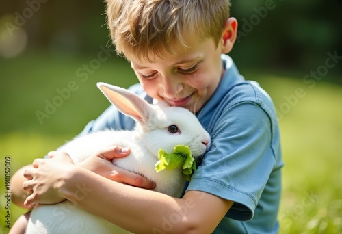 A boy of about 7 years old holds a white rabbit chewing on a lettuce leaf