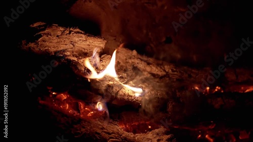 Close-up of smoldering embers and small flames dancing in the darkness, creating a warm and inviting atmosphere. Perfect for projects related to nature, camping, or relaxation.