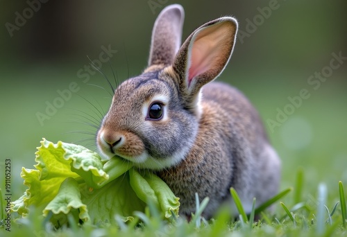 A rabbit is eating a lettuce leaf on green grass