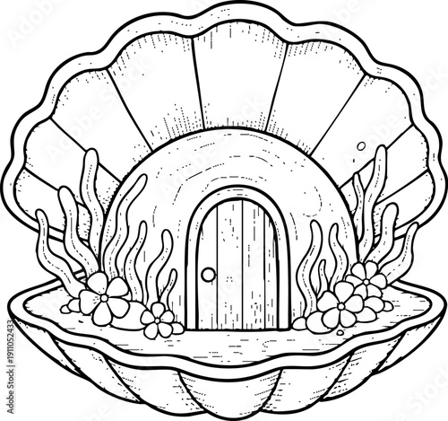 Whimsical Seashell House Hand Drawn Line Art Illustration