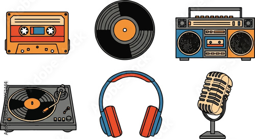 Retro music icons vector set cassette tape vinyl record boombox headphones microphone