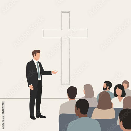 Pastor Preaching Faith To Congregation In Modern Church Setting With Cross Symbol