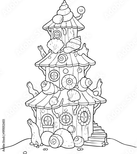Line Art Illustration of a Fantasy Snail Shell Tower Dwelling
