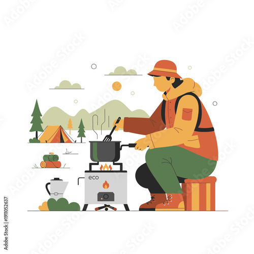 Outdoor Camper Cooking Meal Beside Tent Scenic Mountain Background