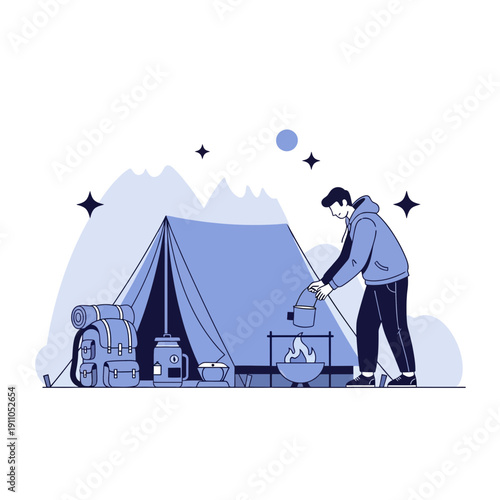 Outdoor Camping Adventure Scene With Person Setting Up Tent and Preparing Food At Night