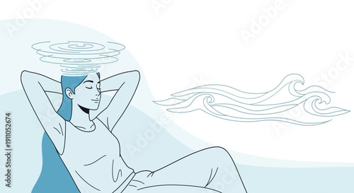 Peaceful Mindful Woman Relaxing With Gentle Ocean Waves Visualization