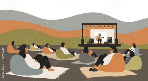 Outdoor Concert Gathering Relaxed Audience Enjoying Live Music Performance