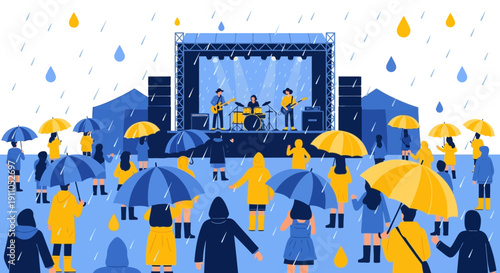 Outdoor Concert Experience Under Falling Raindrops With Colorful Umbrellas
