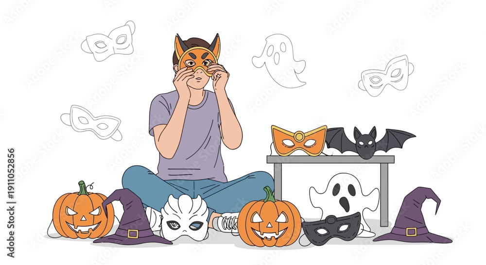 Fototapeta premium Person Adjusting Halloween Mask Surrounded By Decorations and Festive Props
